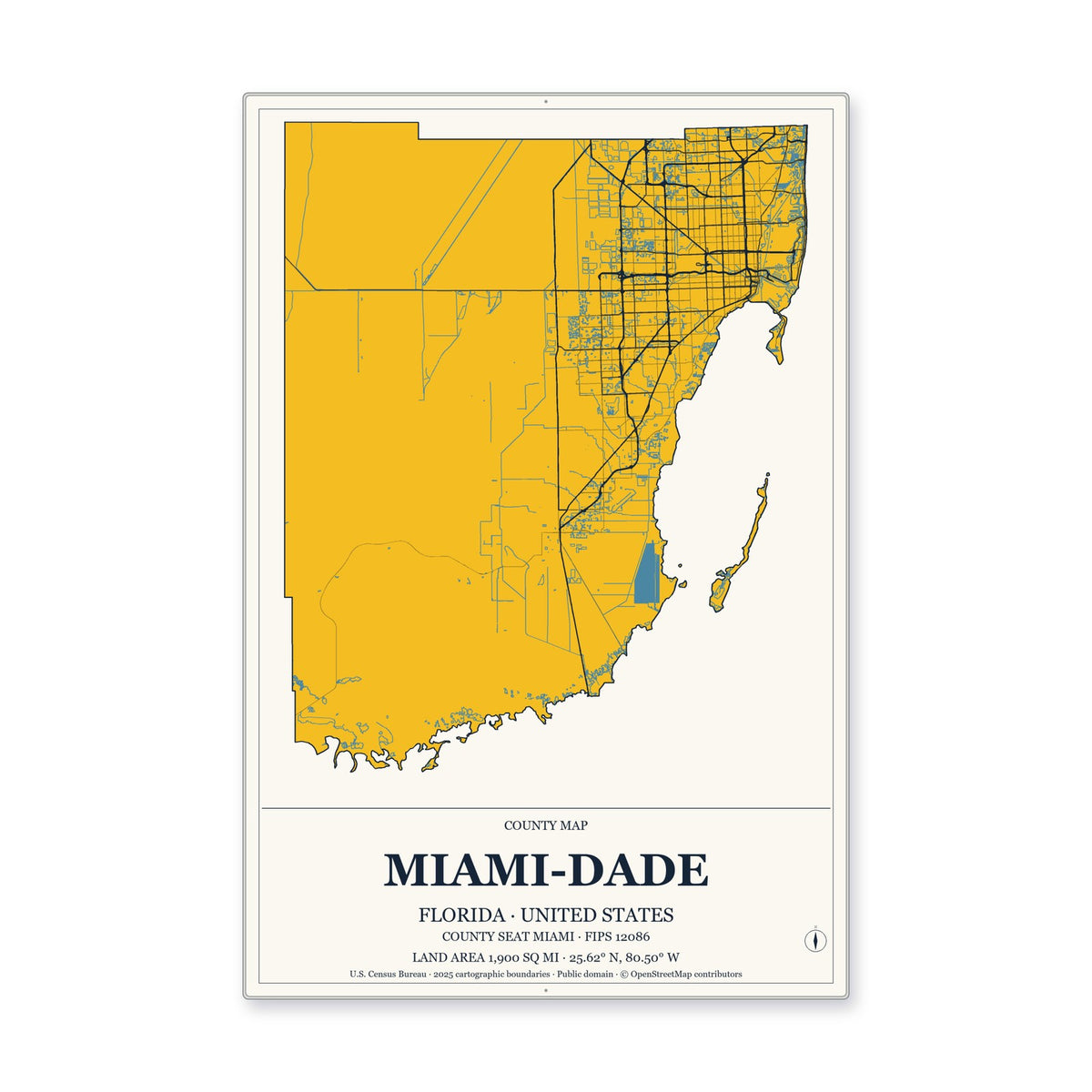 Miami-Dade County, Florida Map Aluminum Sign in Citrine Modern style