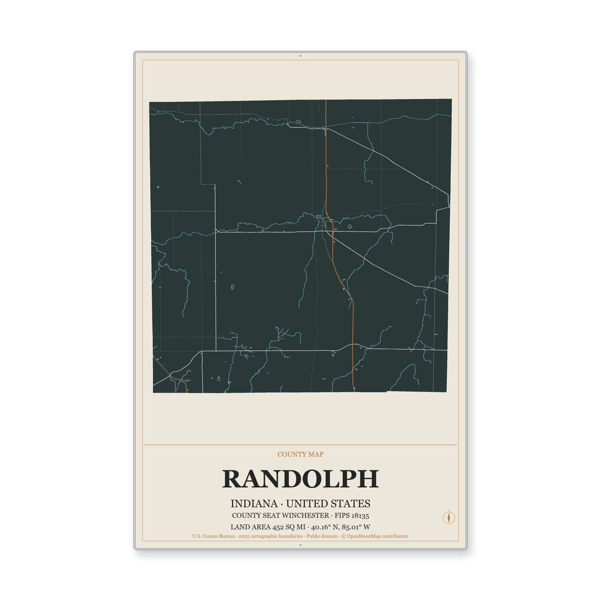 Randolph County, Indiana Map Aluminum Sign in Headline Atlas style