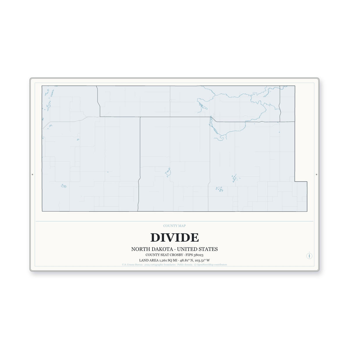 Divide County, North Dakota Map Aluminum Sign in Gallery Air style