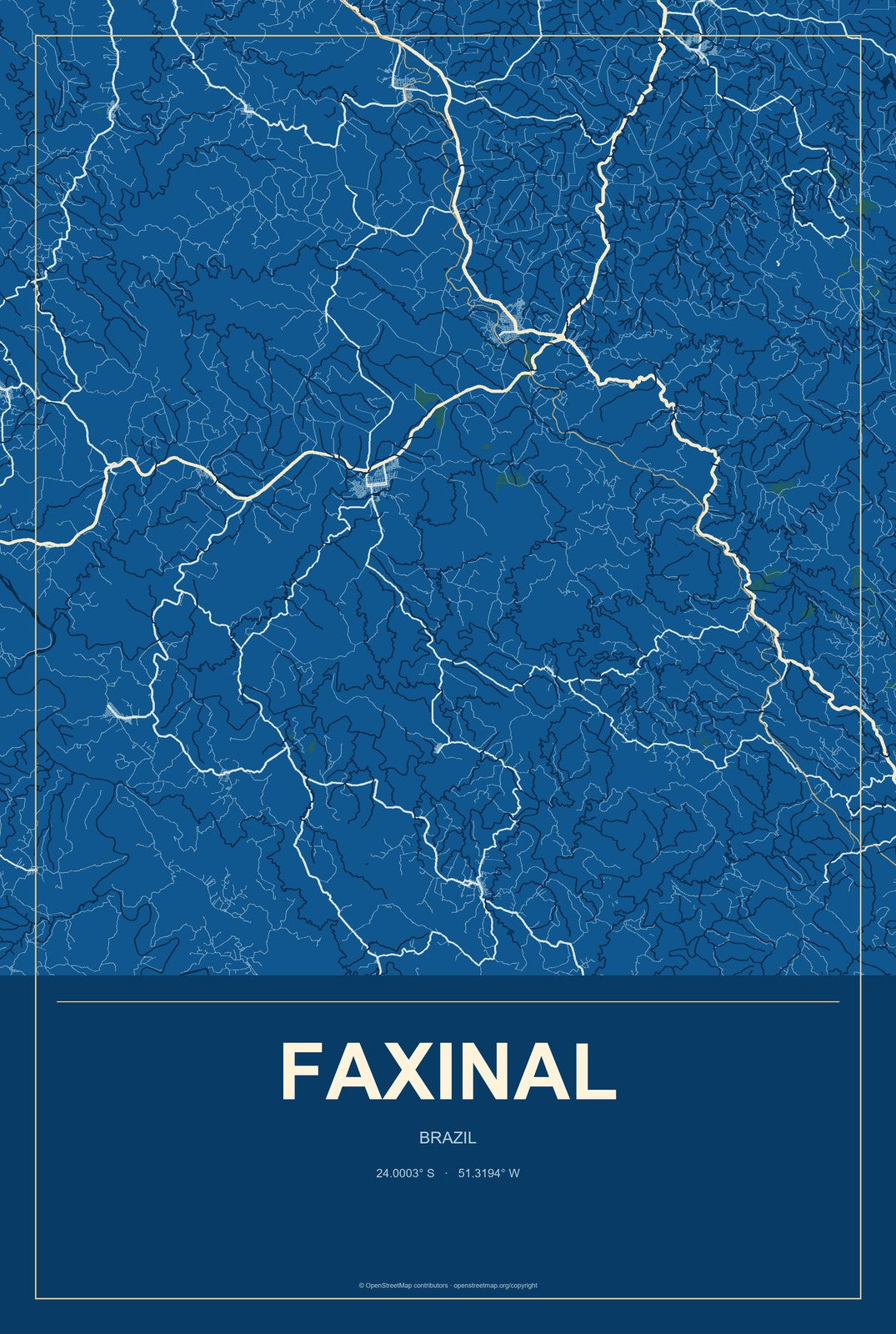 Faxinal, Brazil City Map Aluminum Sign in Harbor Cobalt style