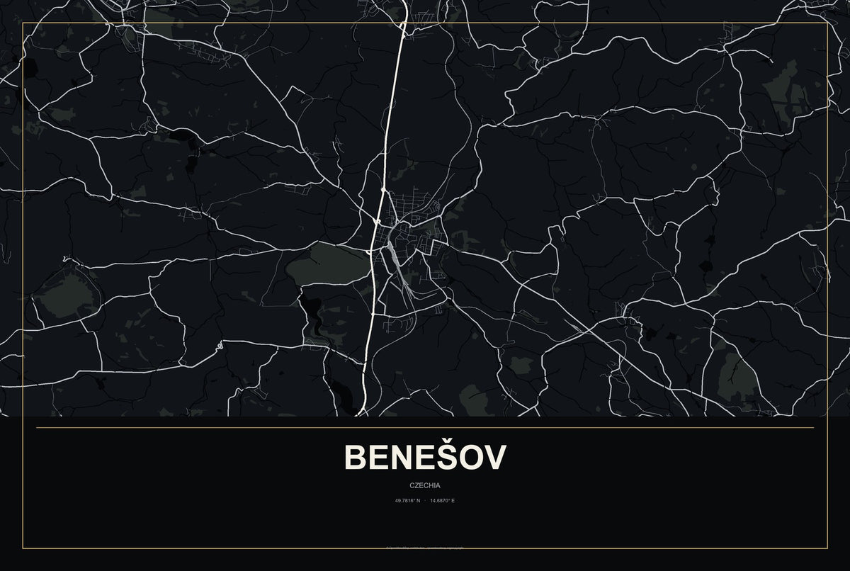 Benešov, Czechia City Map Aluminum Sign in Metropolitan Noir style
