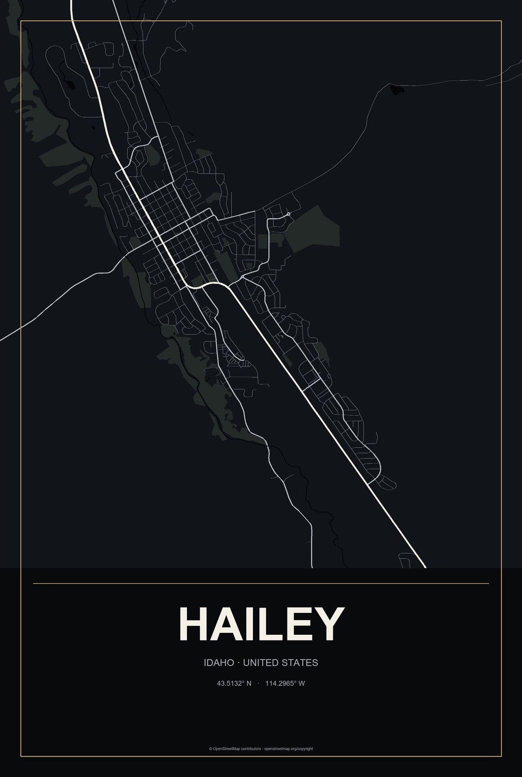 Hailey, Idaho City Map Aluminum Sign in Metropolitan Noir style