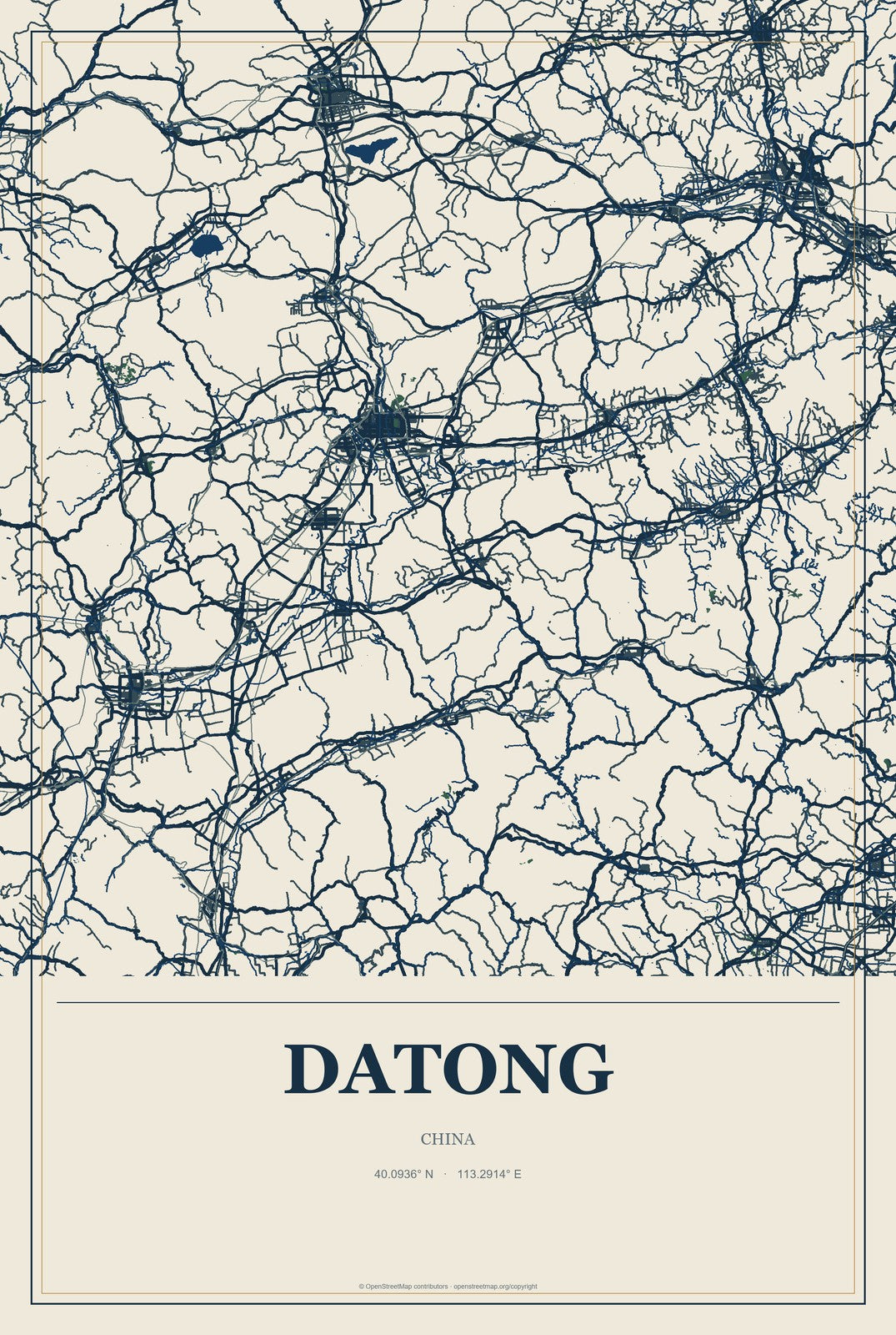 Datong, Chongqing, China City Map Aluminum Sign in Coastal Cutout style