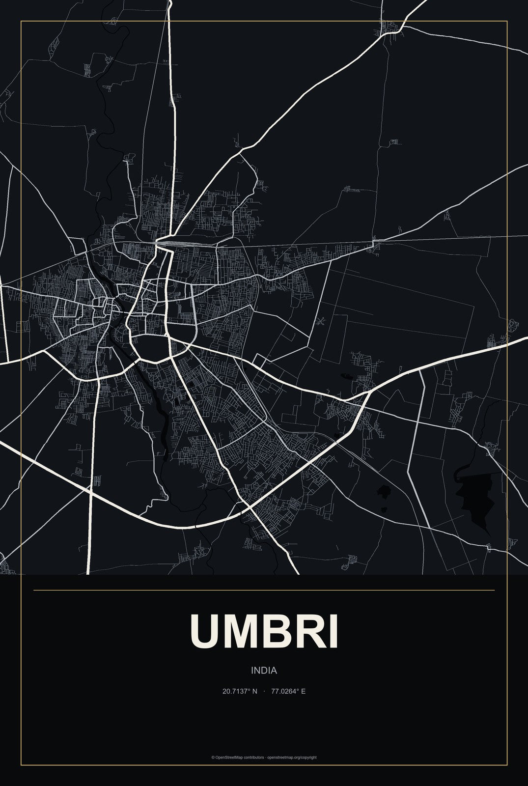 Umbri, India City Map Aluminum Sign in Metropolitan Noir style