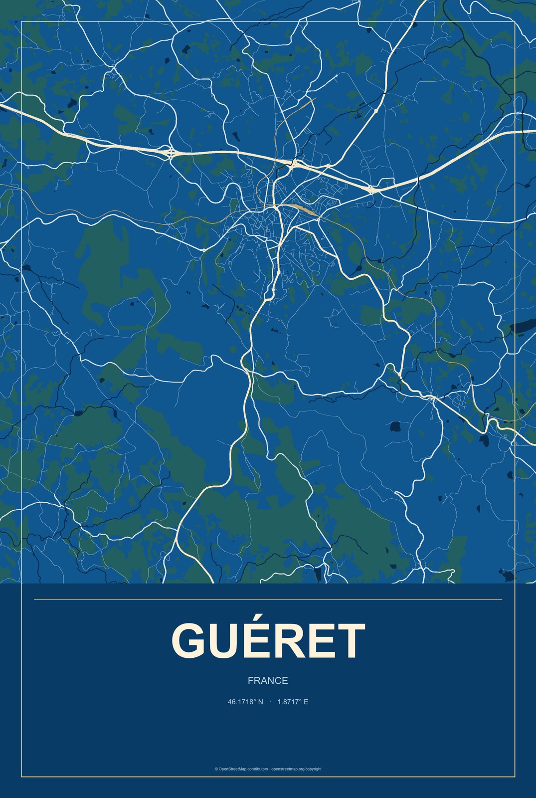 Guéret, France City Map Aluminum Sign in Harbor Cobalt style
