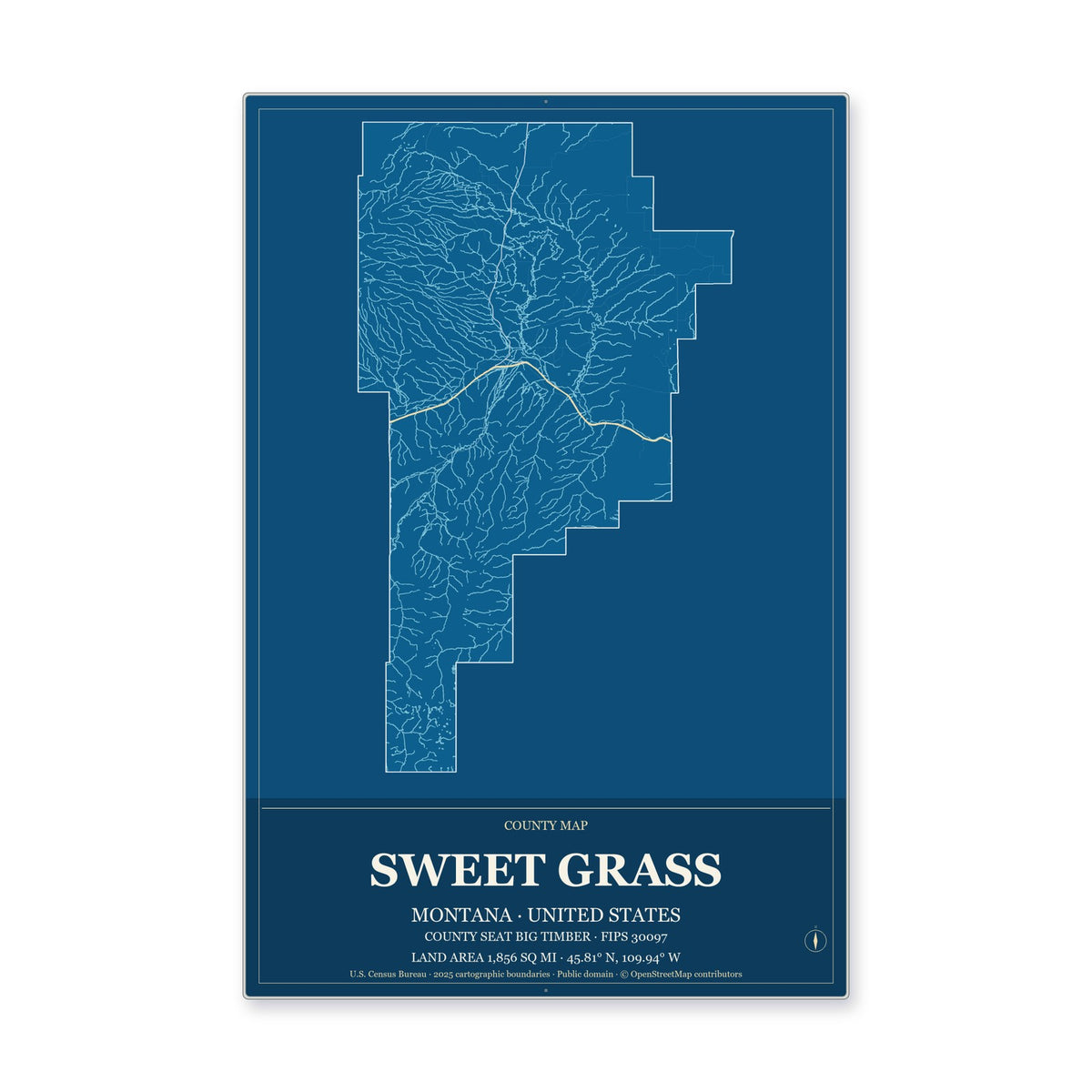 Sweet Grass County, Montana Map Aluminum Sign in Harbor Cobalt style