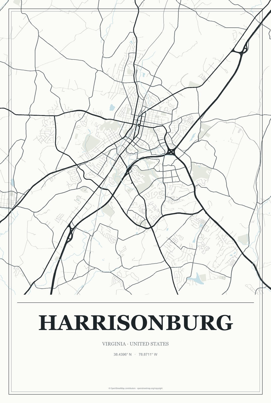Harrisonburg, Virginia City Map Aluminum Sign in Gallery Air style