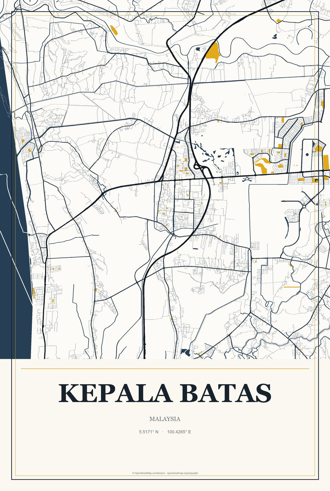 Kepala Batas, Penang, Malaysia City Map Aluminum Sign in Citrine Modern style