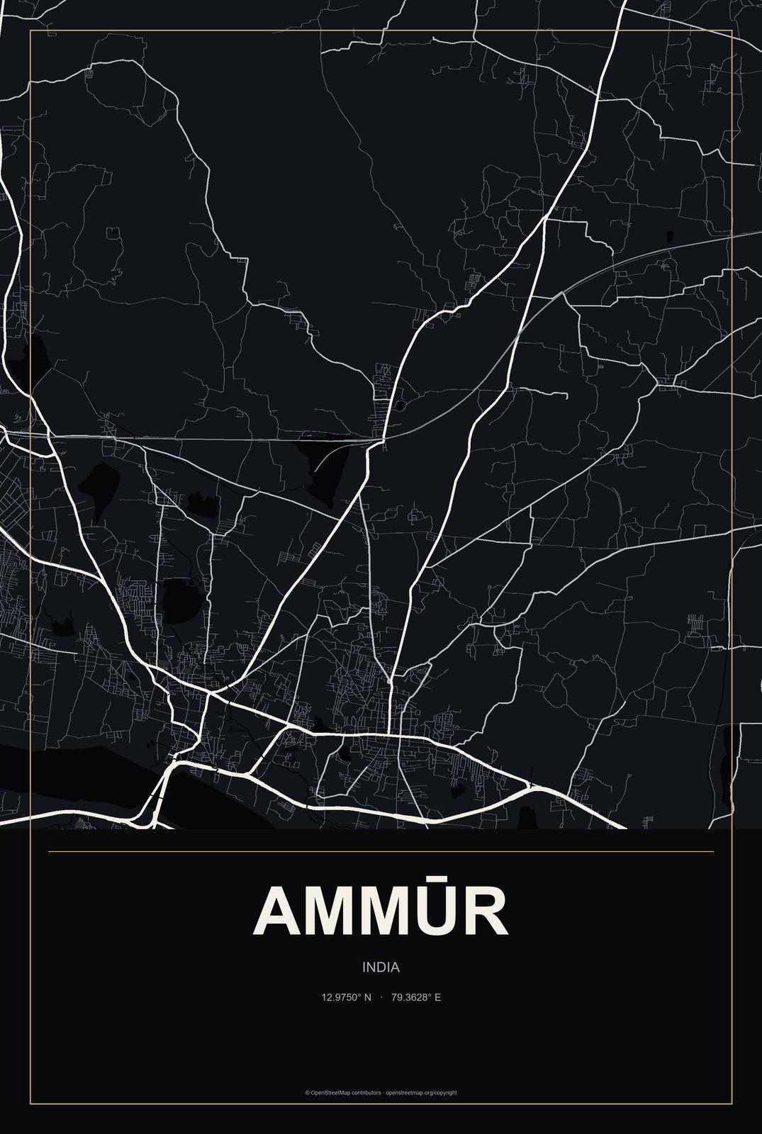 Ammūr, India City Map Aluminum Sign in Metropolitan Noir style