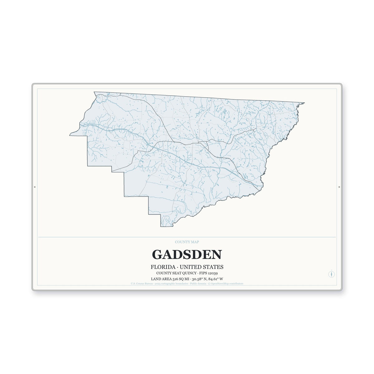 Gadsden County, Florida Map Aluminum Sign in Gallery Air style