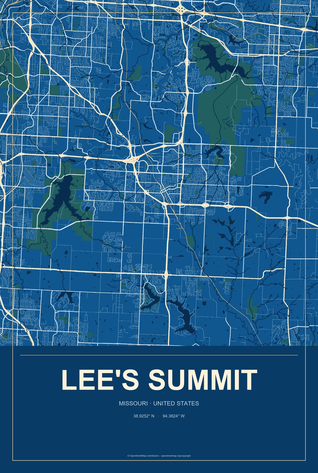 Lee's Summit, Missouri City Map Aluminum Sign in Harbor Cobalt style