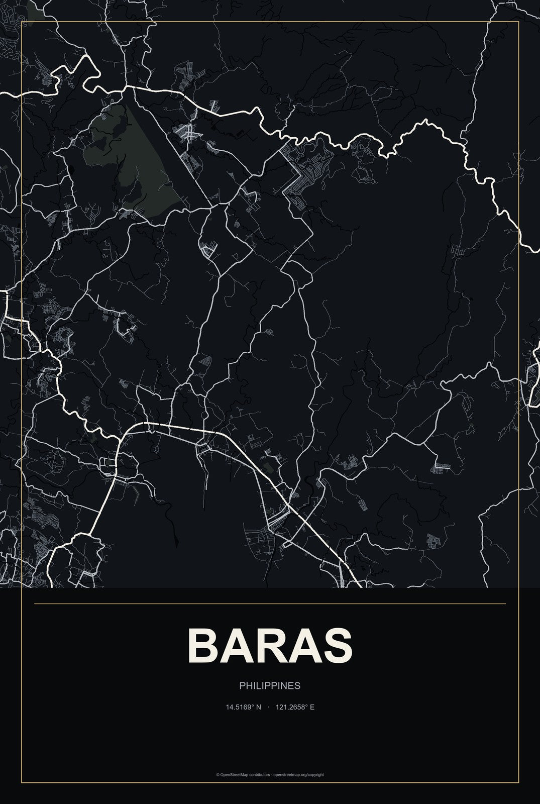 Baras, Philippines City Map Aluminum Sign in Metropolitan Noir style