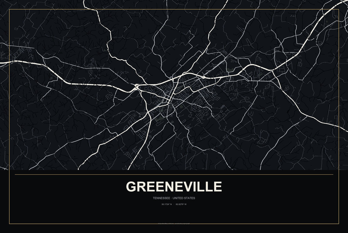 Greeneville, Tennessee City Map Aluminum Sign in Metropolitan Noir style