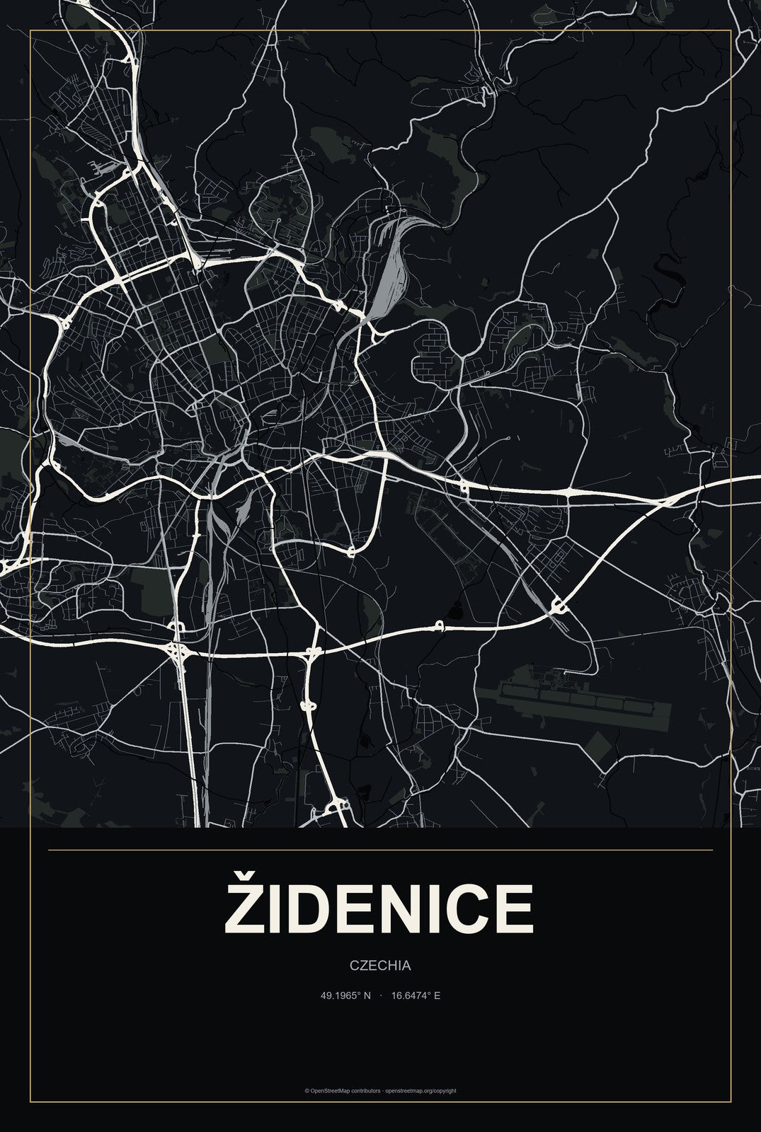 Židenice, Czechia City Map Aluminum Sign in Metropolitan Noir style