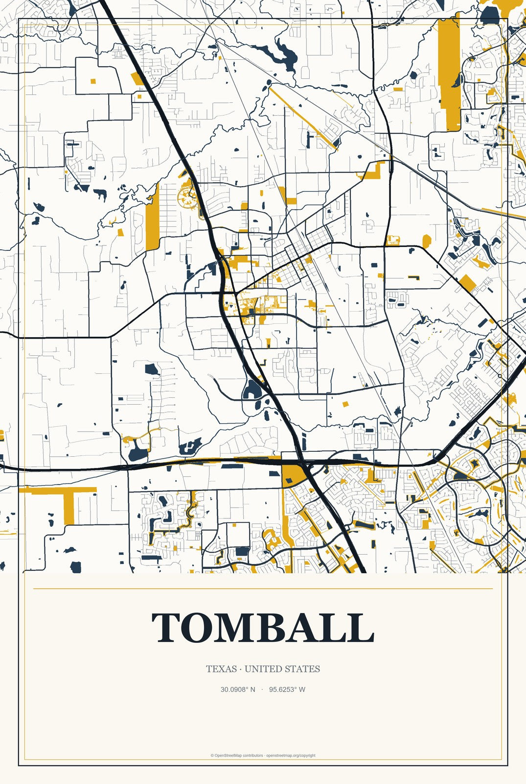 Tomball, Texas City Map Aluminum Sign in Citrine Modern style