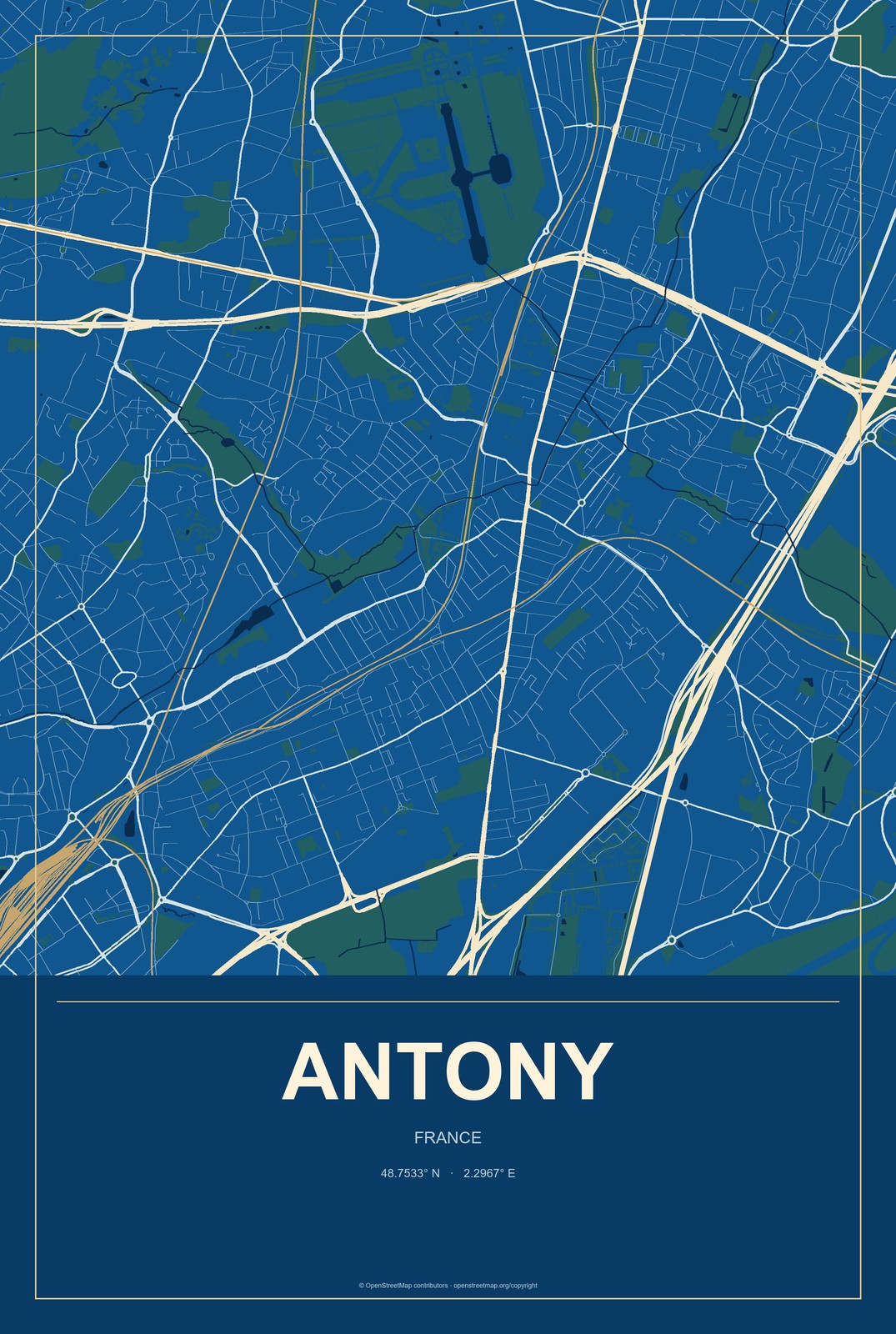 Antony, France City Map Aluminum Sign in Harbor Cobalt style