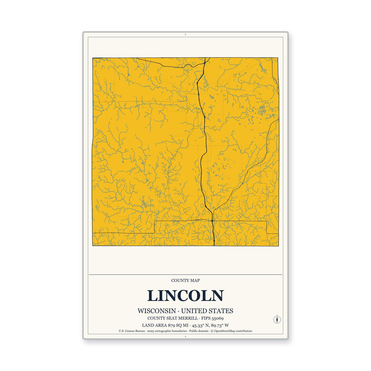 Lincoln County, Wisconsin Map Aluminum Sign in Citrine Modern style
