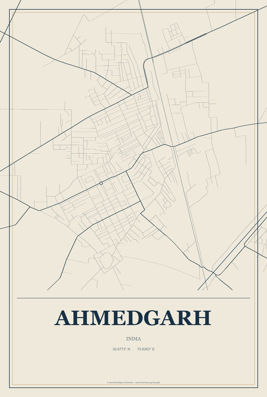 Ahmedgarh, India City Map Aluminum Sign in Coastal Cutout style