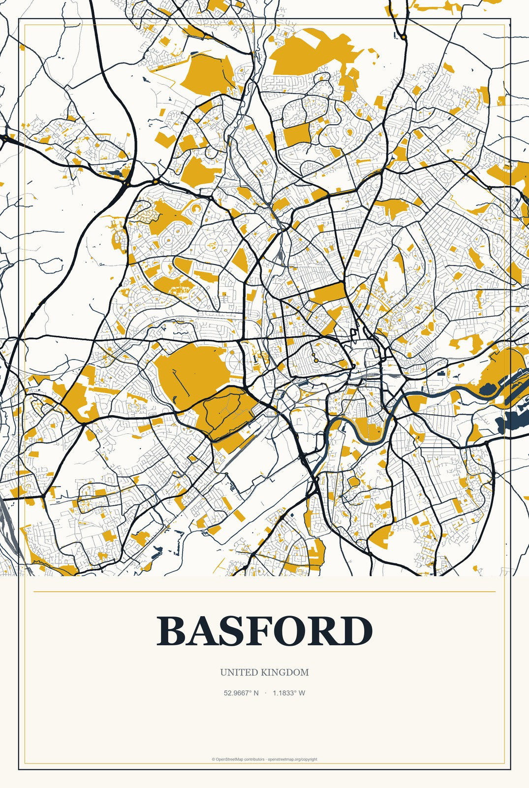 Basford, United Kingdom City Map Aluminum Sign in Citrine Modern style