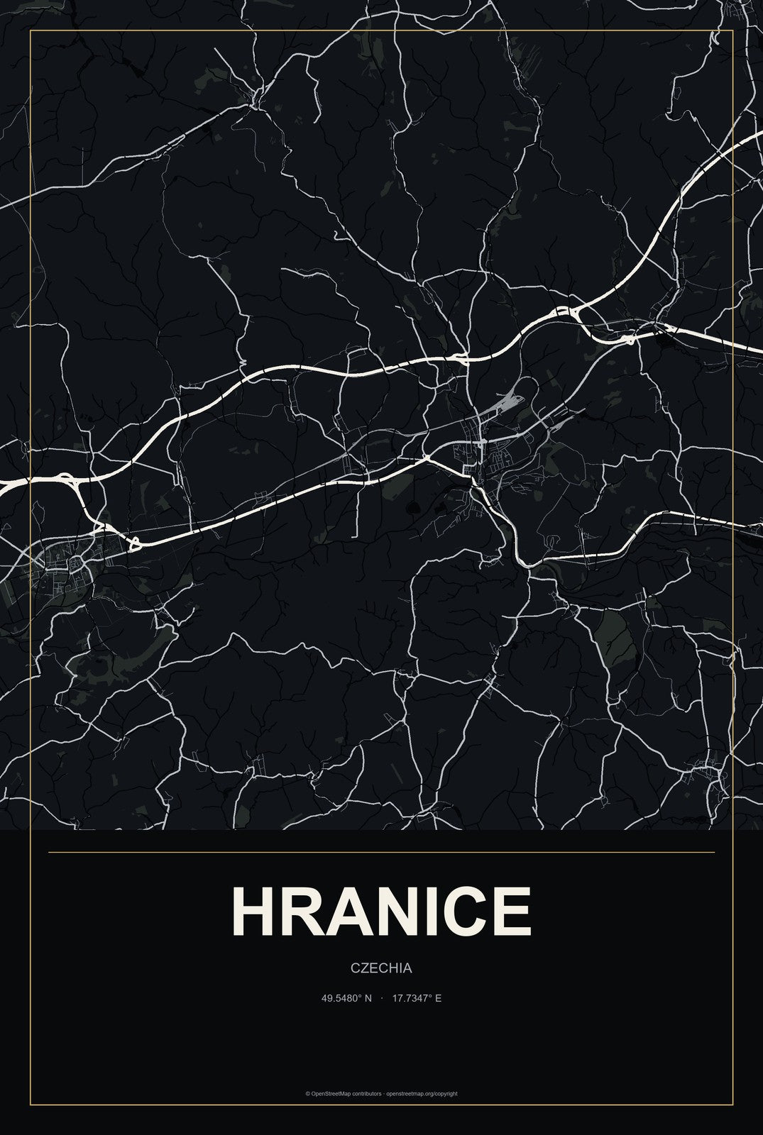 Hranice, Czechia City Map Aluminum Sign in Metropolitan Noir style