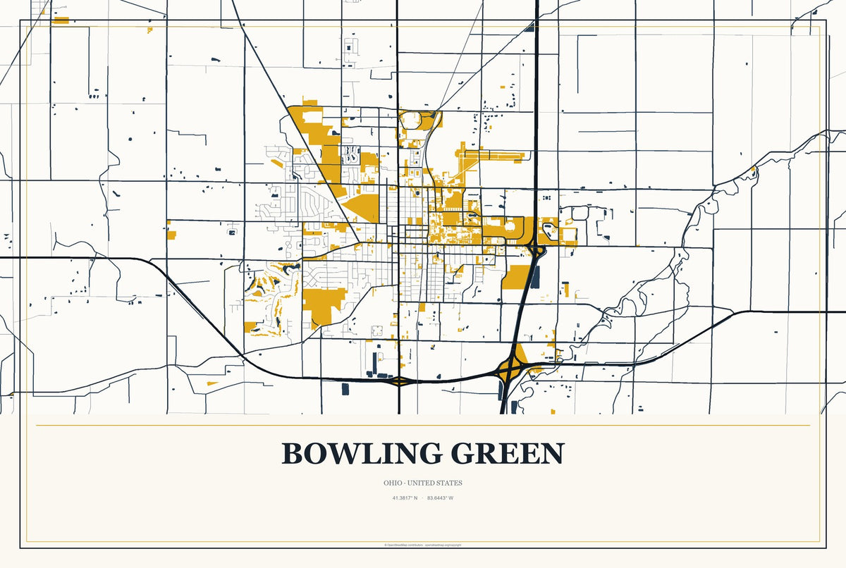 Bowling Green, Ohio City Map Aluminum Sign in Citrine Modern style