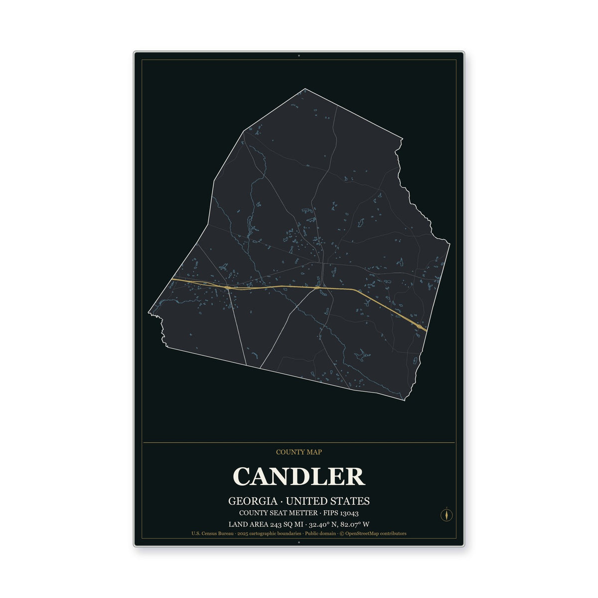 Candler County, Georgia Map Aluminum Sign in Metropolitan Noir style