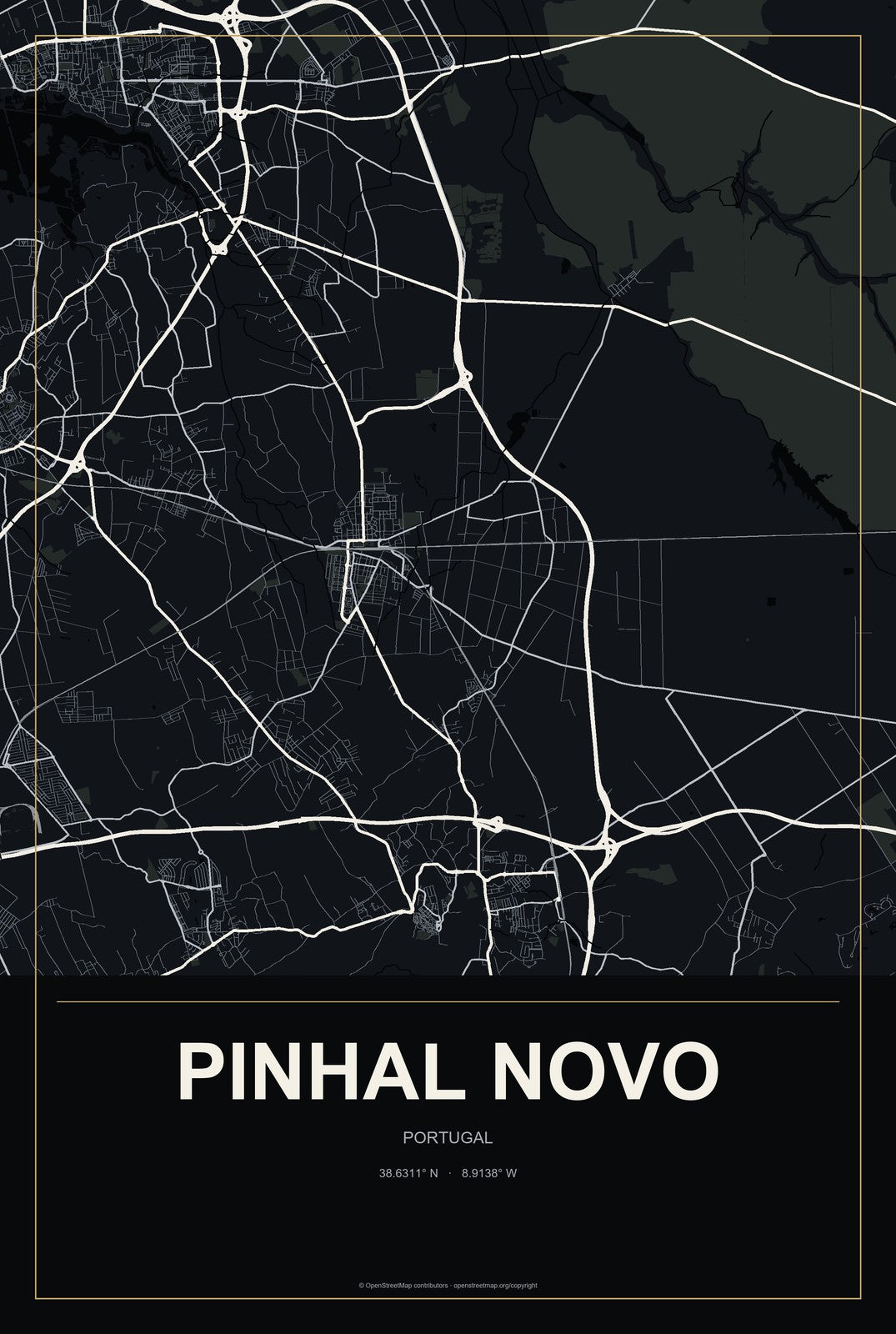 Pinhal Novo, Portugal City Map Aluminum Sign in Metropolitan Noir style
