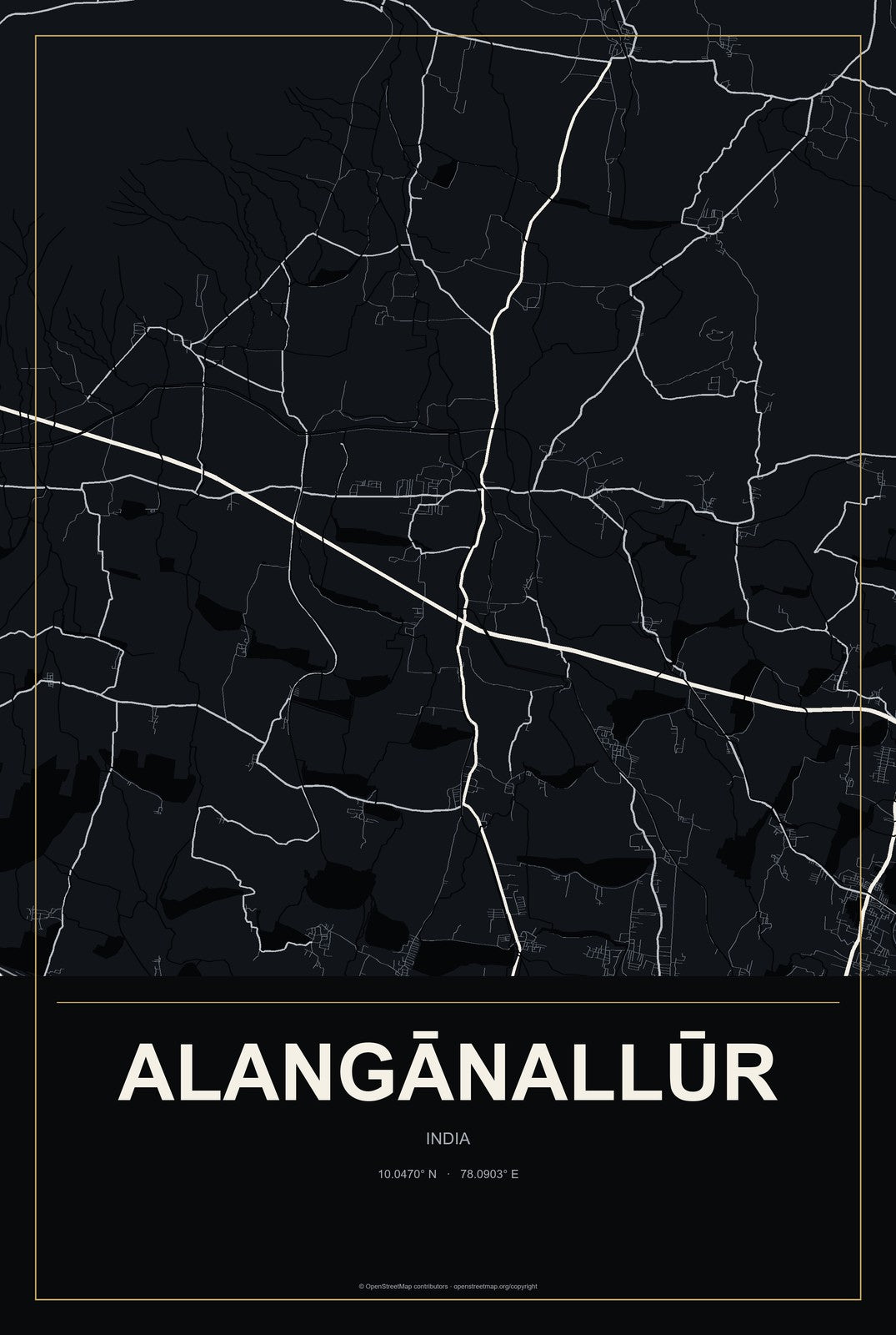 Alangānallūr, India City Map Aluminum Sign in Metropolitan Noir style
