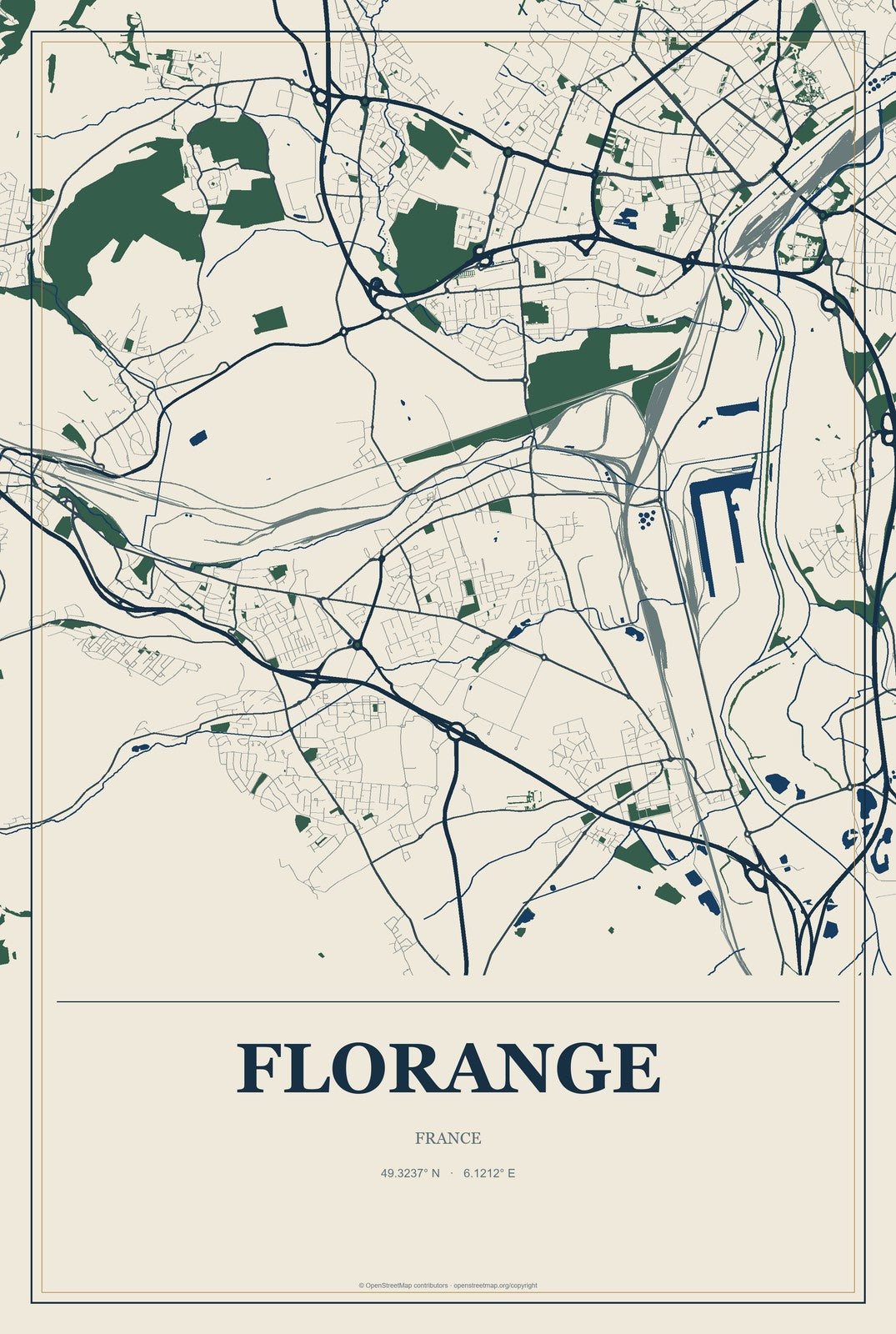 Florange, France City Map Aluminum Sign in Coastal Cutout style