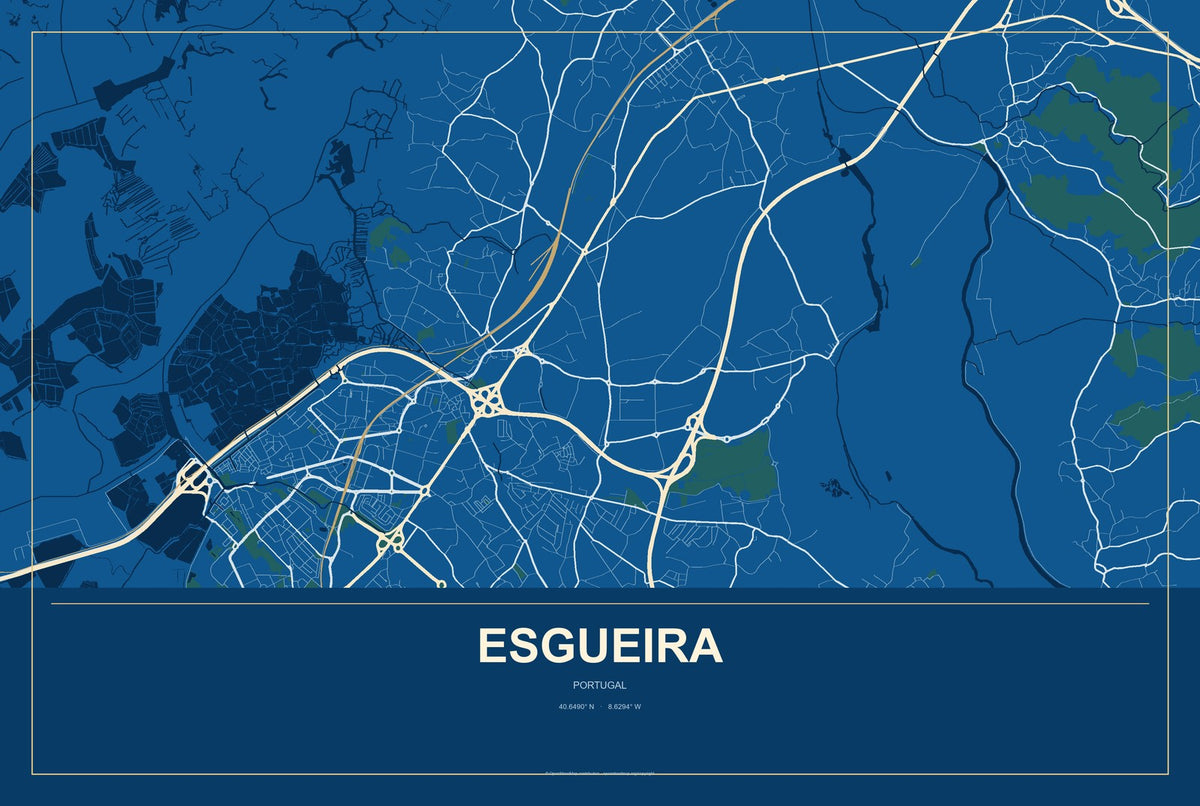 Esgueira, Portugal City Map Aluminum Sign in Harbor Cobalt style