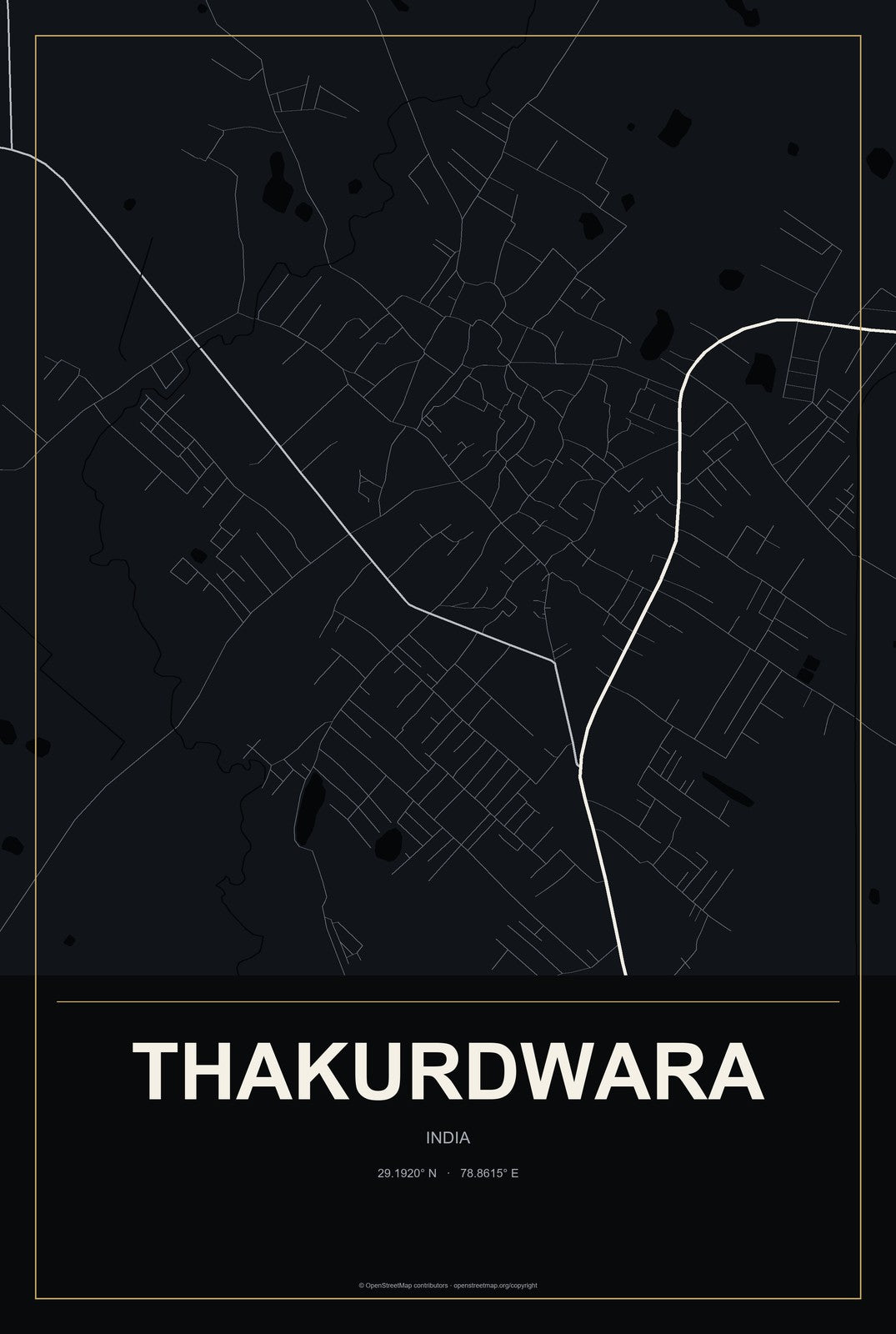 Thakurdwara, India City Map Aluminum Sign in Metropolitan Noir style