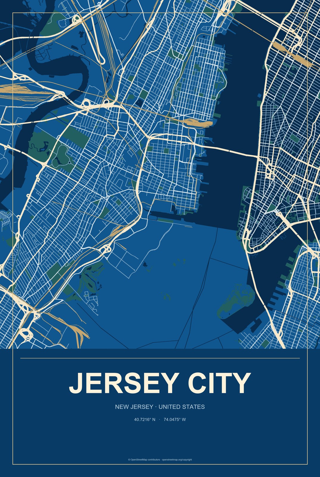 Jersey City, New Jersey City Map Aluminum Sign in Harbor Cobalt style