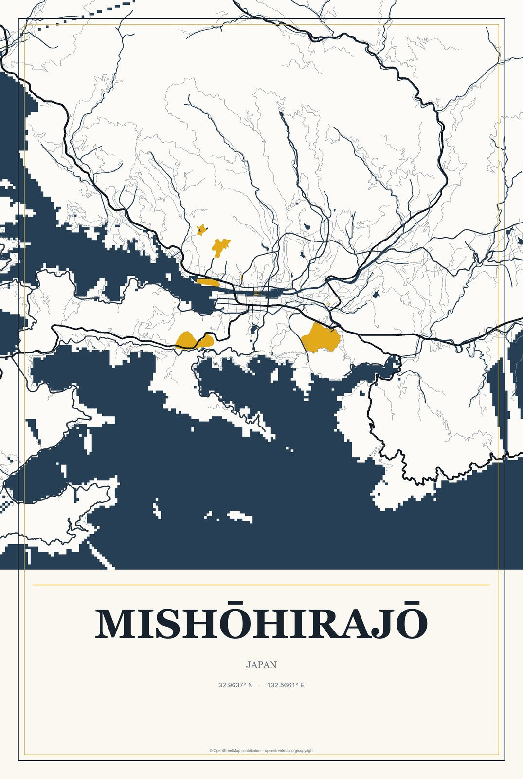 Mishōhirajō, Japan City Map Aluminum Sign in Citrine Modern style