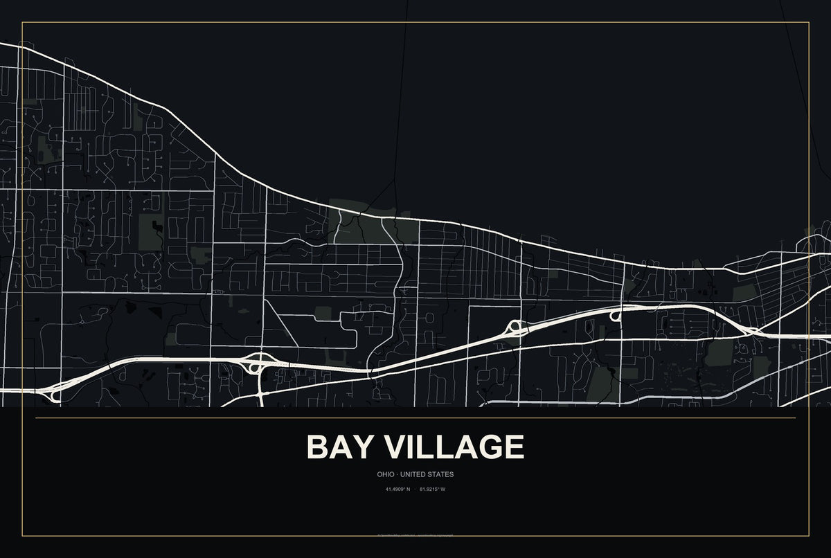Bay Village, Ohio City Map Aluminum Sign in Metropolitan Noir style