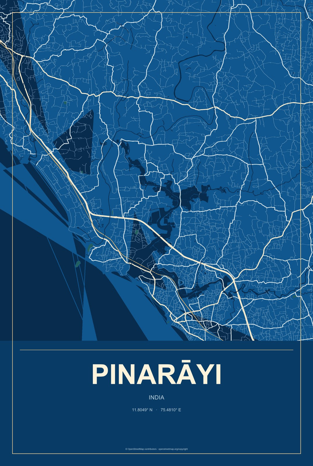 Pinarāyi, India City Map Aluminum Sign in Harbor Cobalt style