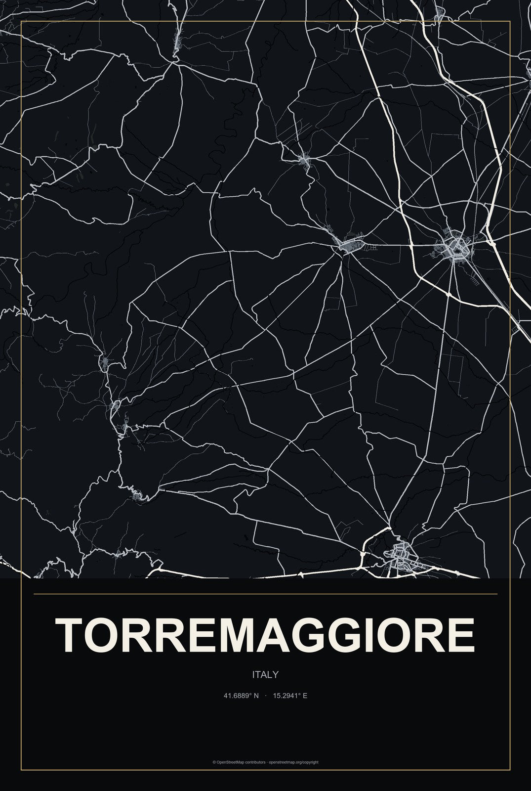 Torremaggiore, Italy City Map Aluminum Sign in Metropolitan Noir style