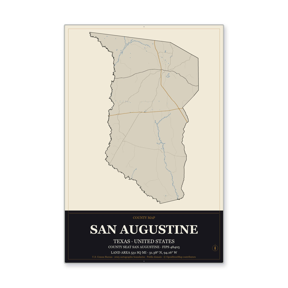 San Augustine County, Texas Map Aluminum Sign in Museum Plaque style