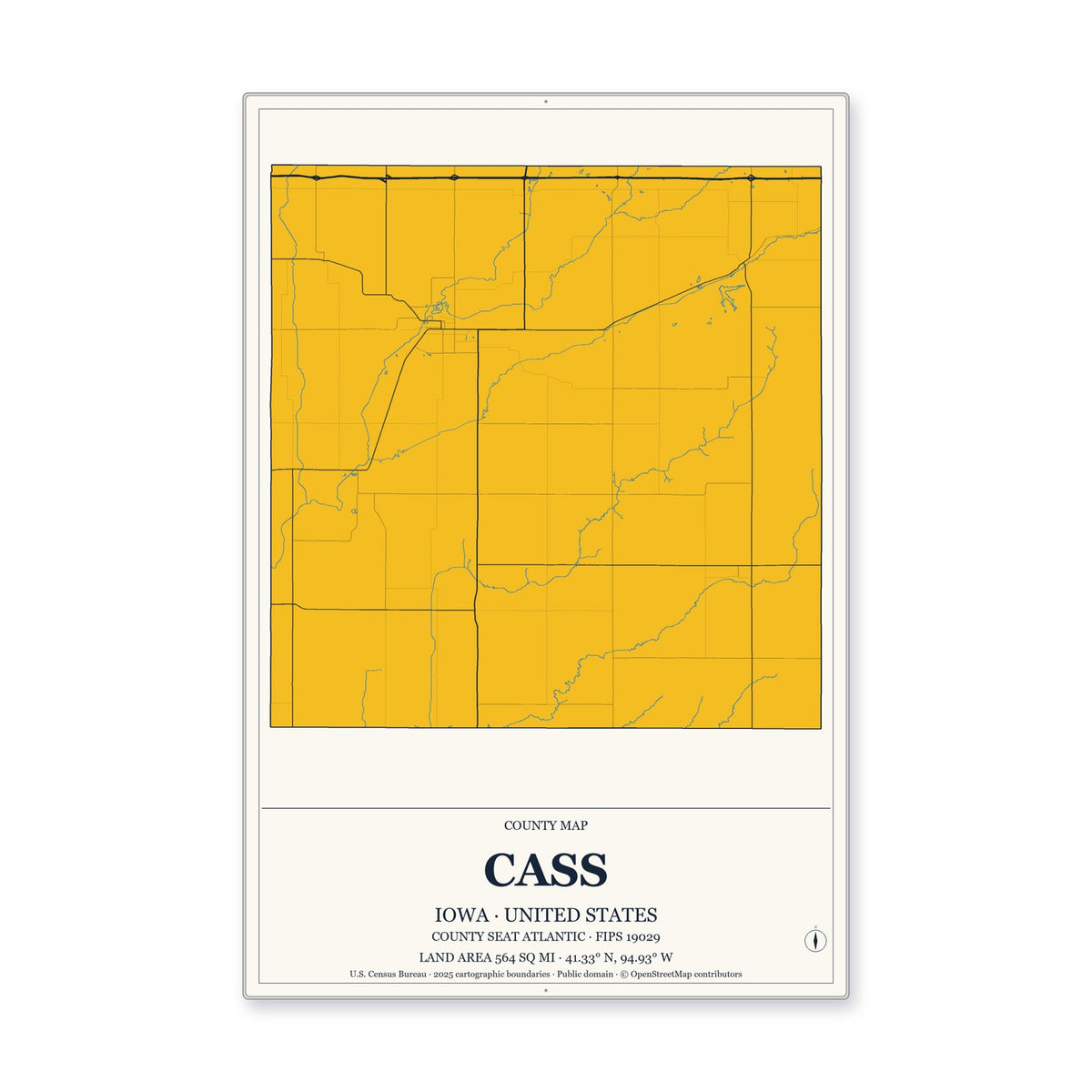Cass County, Iowa Map Aluminum Sign in Citrine Modern style