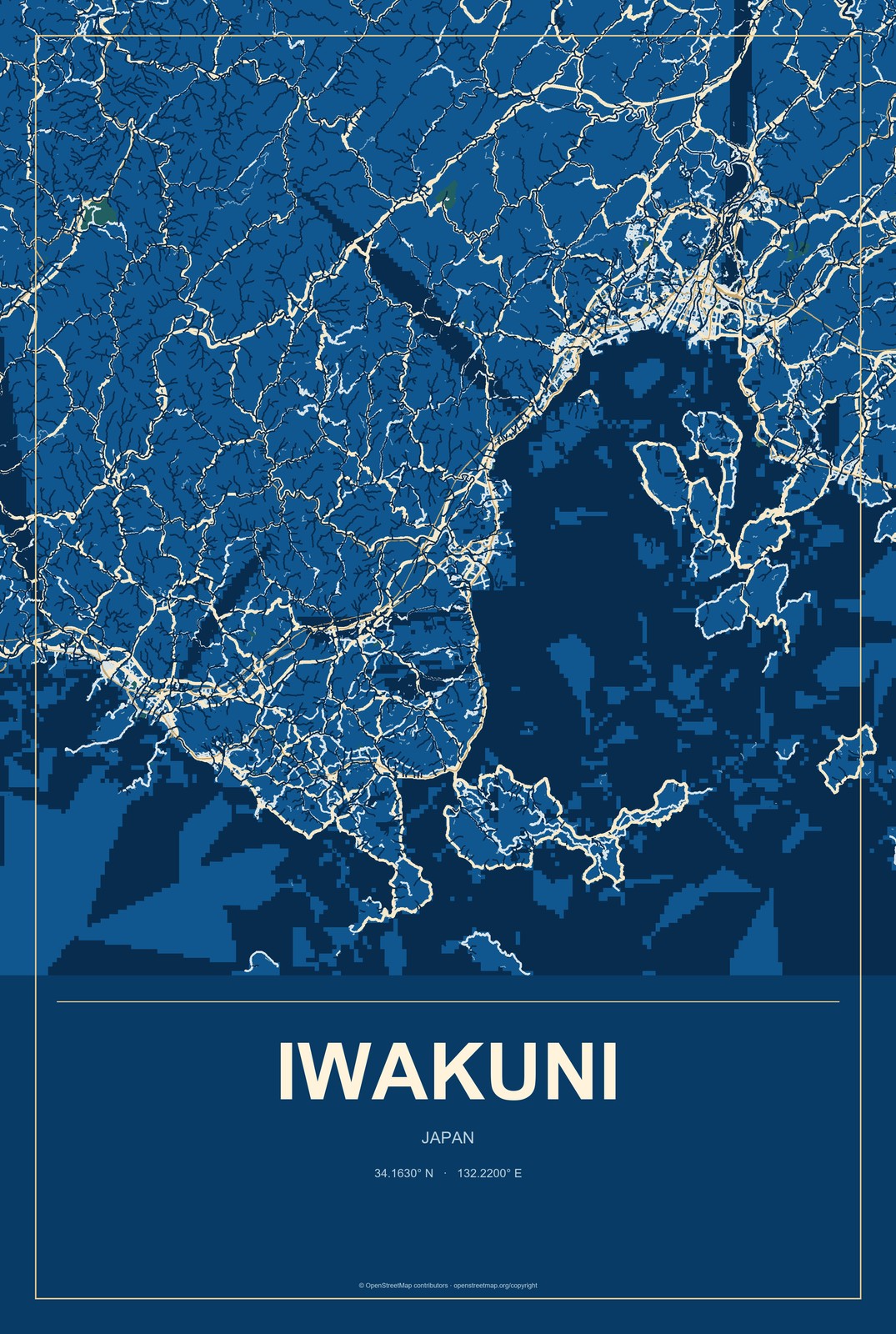 Iwakuni, Japan City Map Aluminum Sign in Harbor Cobalt style