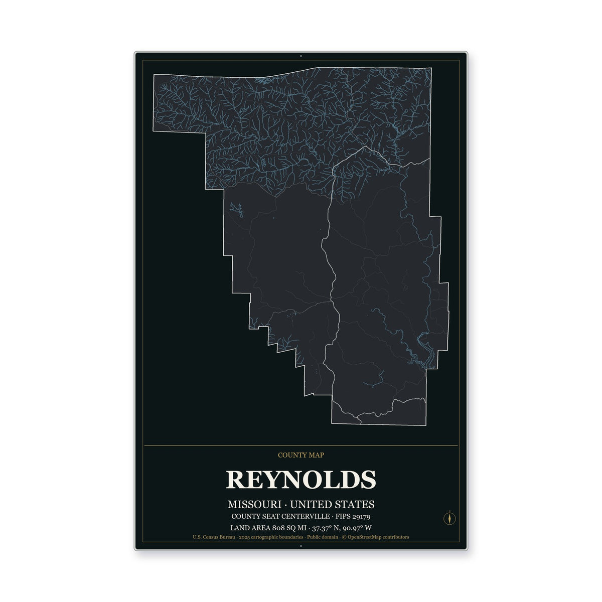 Reynolds County, Missouri Map Aluminum Sign in Metropolitan Noir style