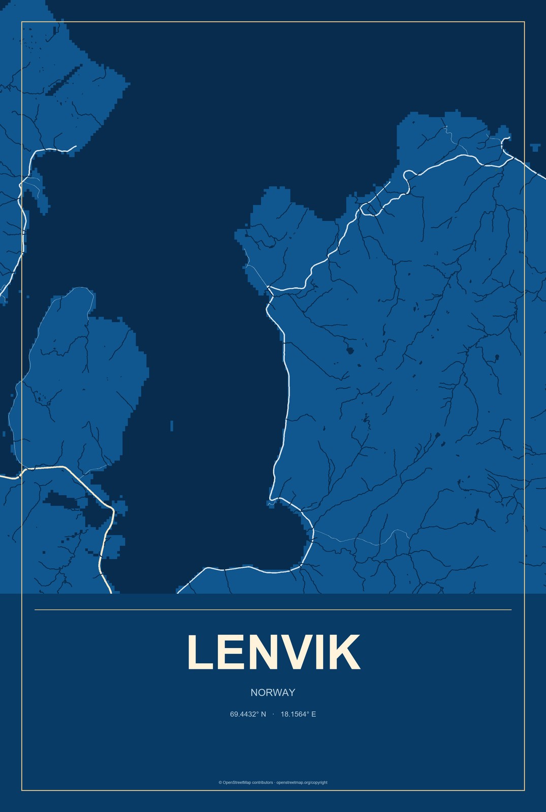 Lenvik, Norway City Map Aluminum Sign in Harbor Cobalt style
