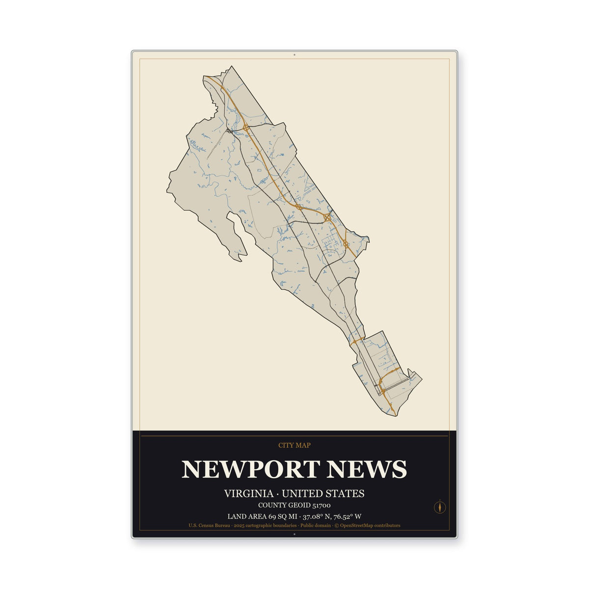 Newport News city, Virginia Map Aluminum Sign in Museum Plaque style