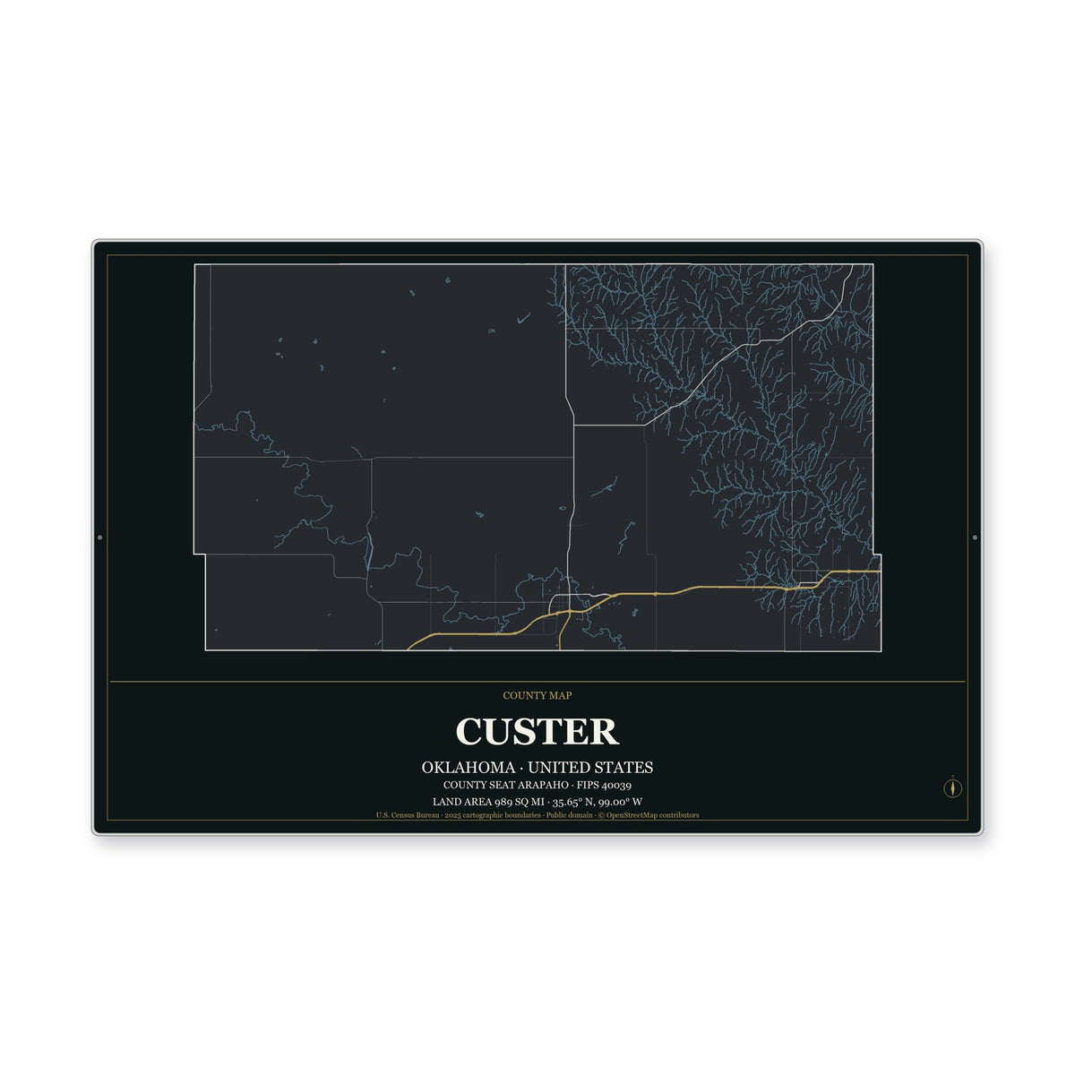 Custer County, Oklahoma Map Aluminum Sign in Metropolitan Noir style
