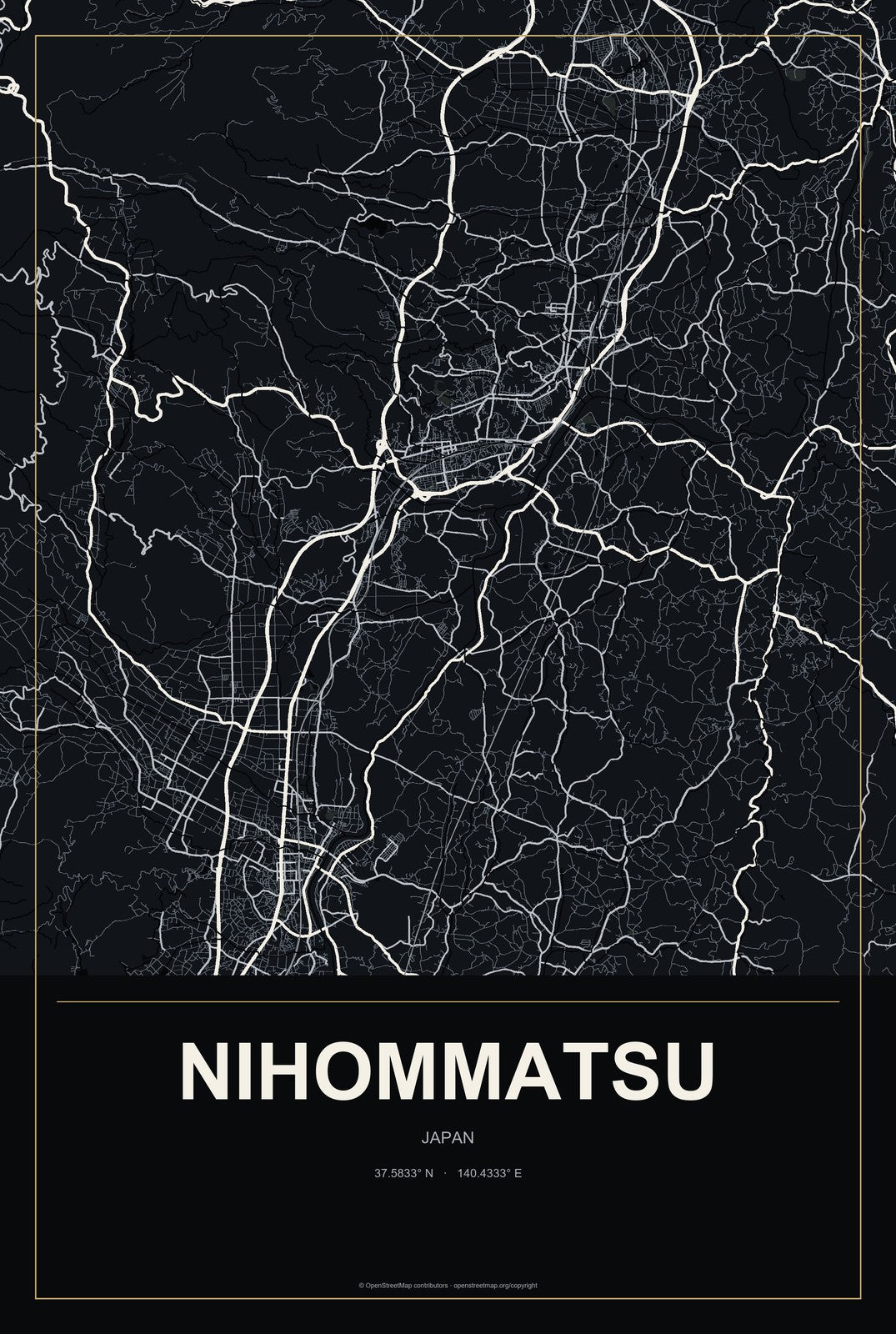 Nihommatsu, Japan City Map Aluminum Sign in Metropolitan Noir style