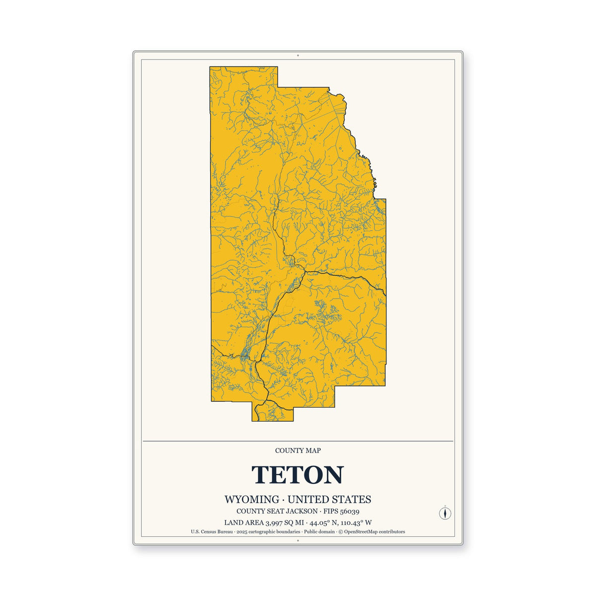 Teton County, Wyoming Map Aluminum Sign in Citrine Modern style