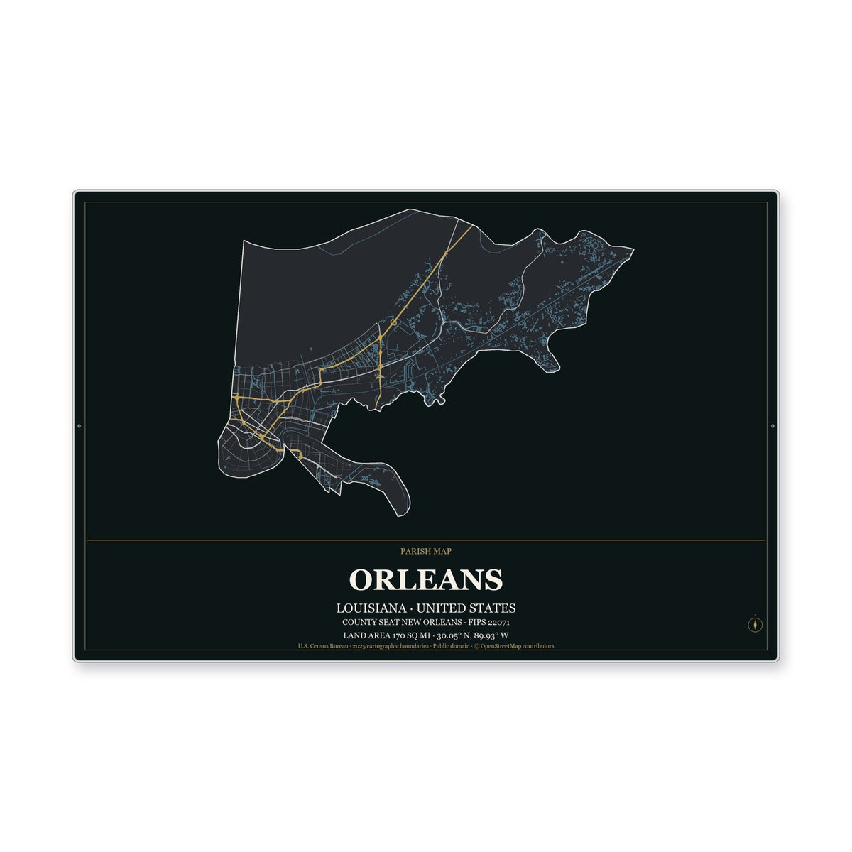 Orleans Parish, Louisiana Map Aluminum Sign in Metropolitan Noir style