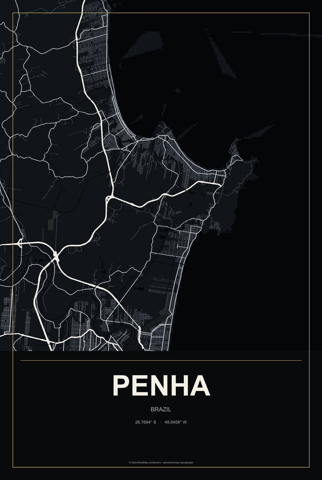 Penha, Brazil City Map Aluminum Sign in Metropolitan Noir style