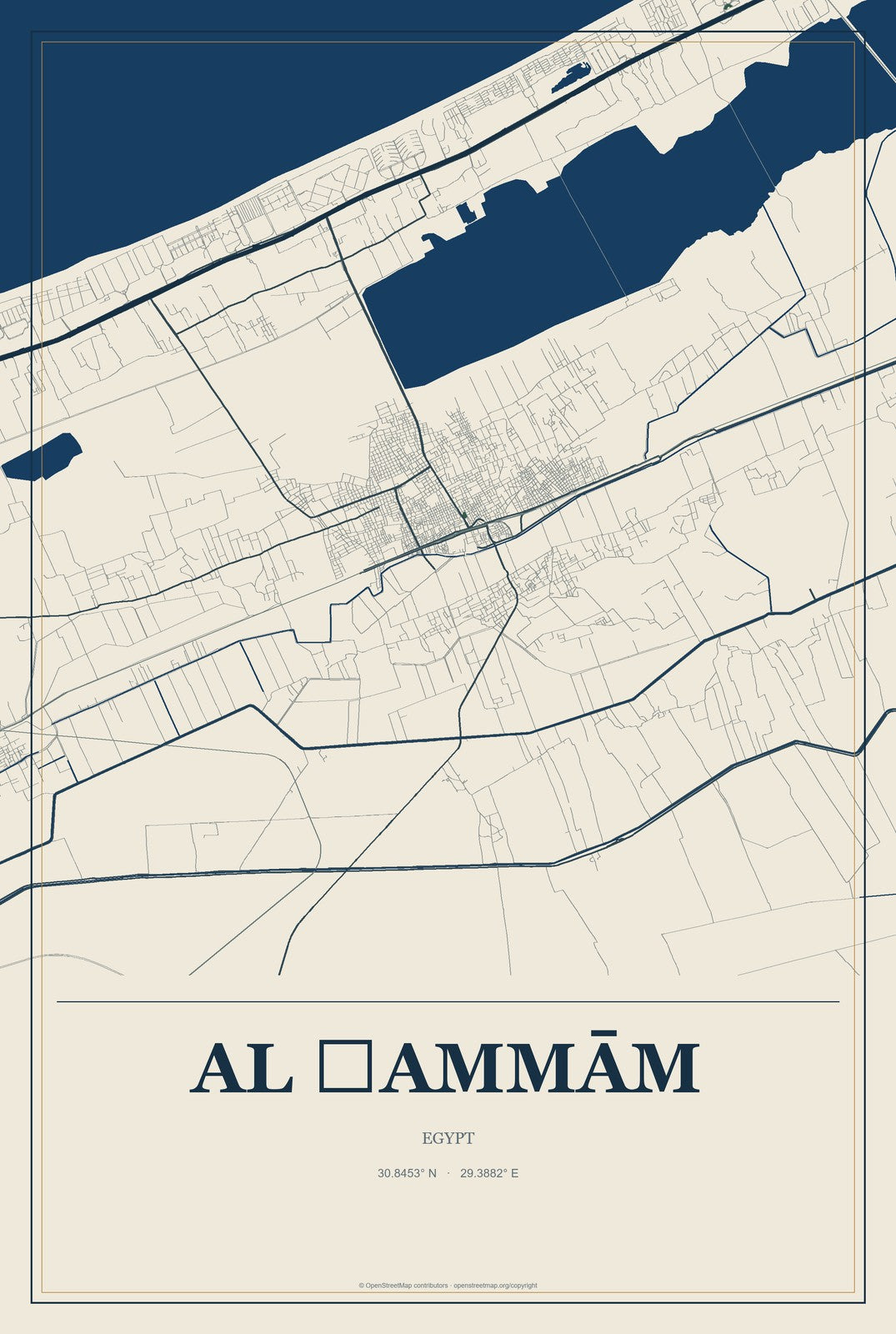 Al Ḩammām, Egypt City Map Aluminum Sign in Coastal Cutout style