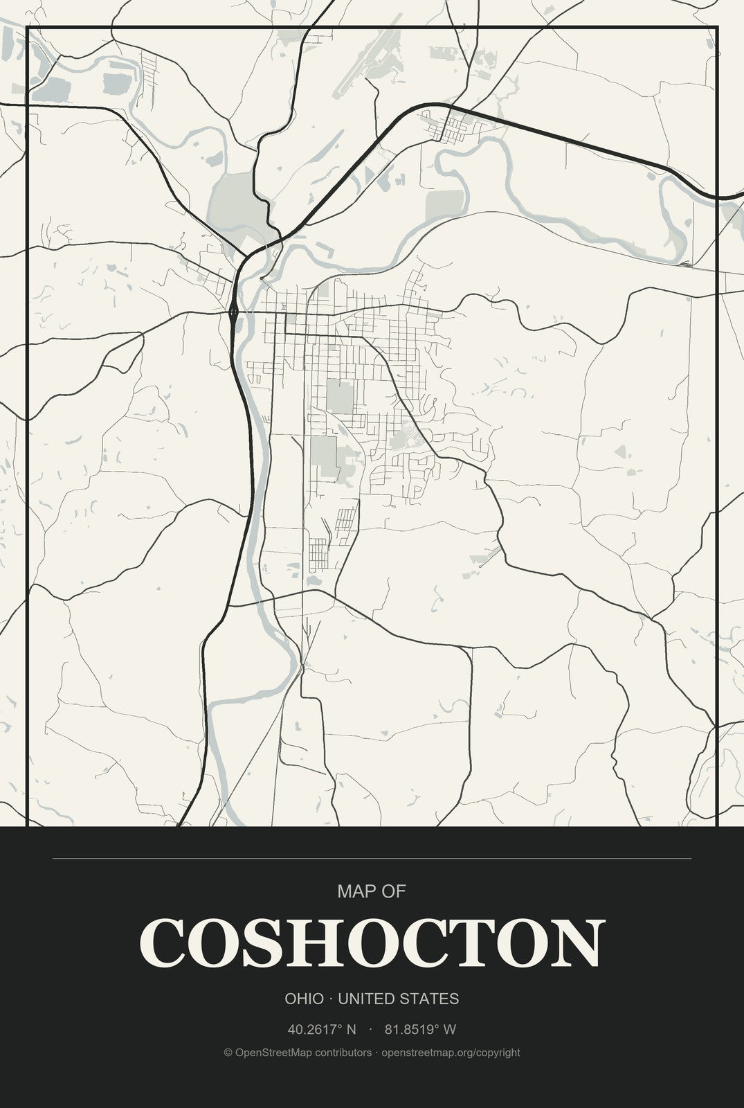 Coshocton, Ohio City Map Aluminum Sign in Museum Plaque style