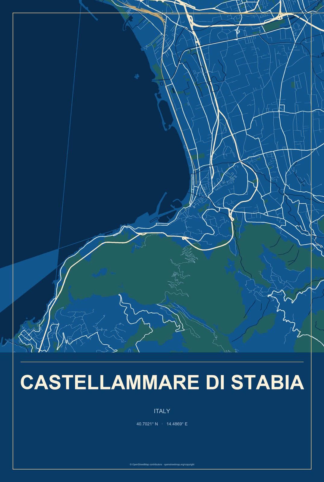 Castellammare di Stabia, Italy City Map Aluminum Sign in Harbor Cobalt style